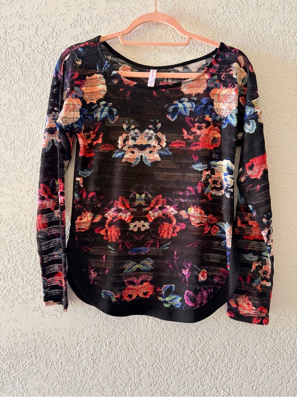 Floral Print Long Sleeve Burnout Knit Sheer Mesh Panels Cottagecore Top Size M